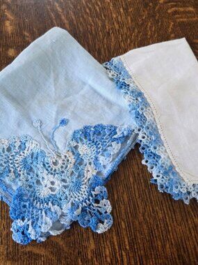 Vintage Beautiful Blue Hombre Crochet Trim Handkerchiefs: Butterfly & Plain